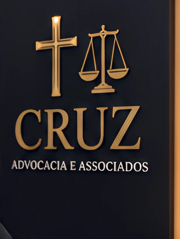 Letreiro iluminado da Cruz Advocacia e Associados na parede do escritório.